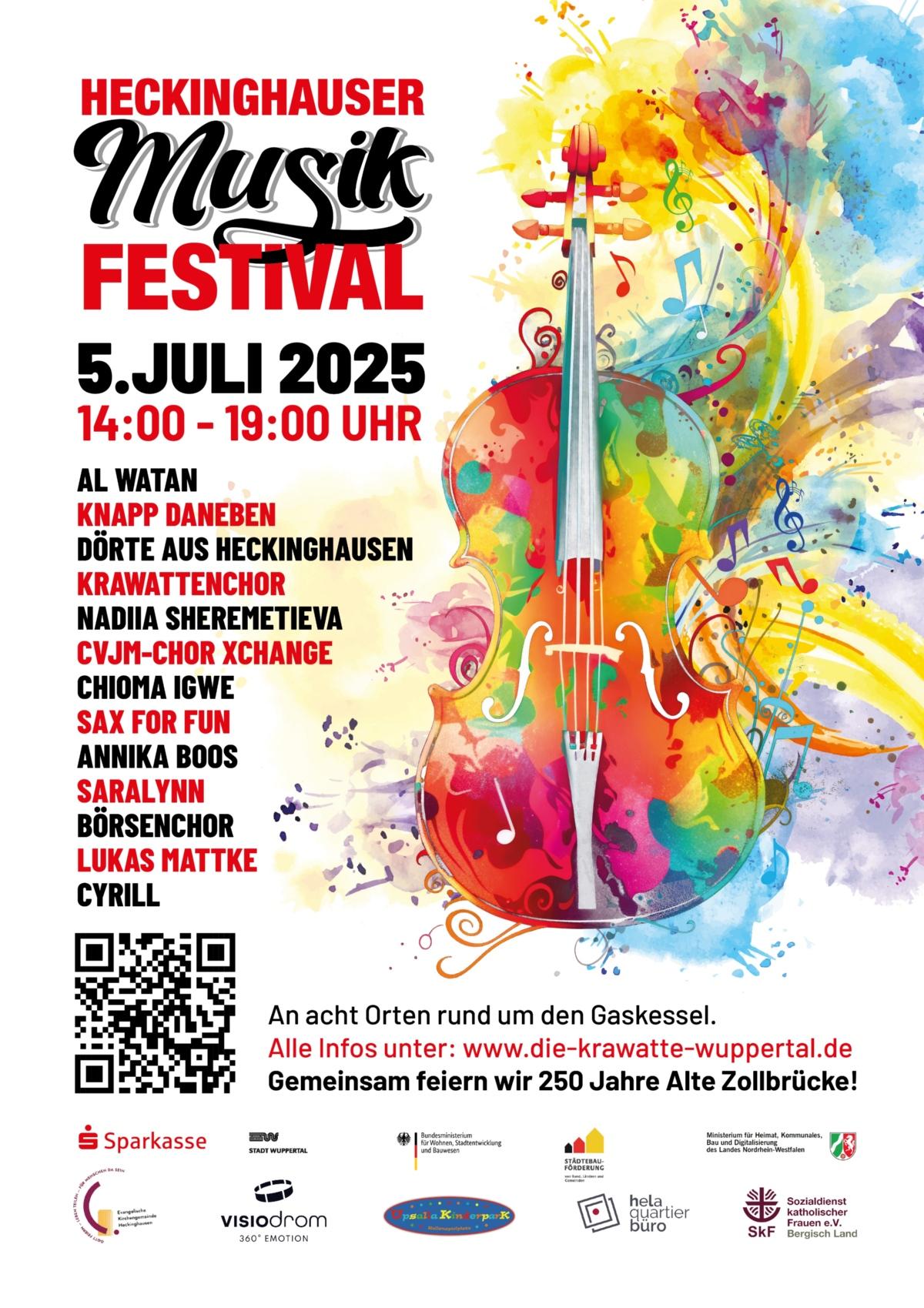 Das Poster zeigt das bunte Veranstaltungsplakat des Heckinghauser Musik Festivals. Im oberen Bereich steht in großer, auffälliger Schrift der Titel „Heckinghauser Musik Festival“. Darunter folgen Datum und Uhrzeit: Samstag, 5. Juli 2025 | 14–19 Uhr. Zentral hervorgehoben ist der Anlass „250 Jahre Alte Zollbrücke“.  Das Plakat ist farbenfroh gestaltet und enthält stilisierte Musiknoten, Instrumente und fröhliche Figuren, die eine lebendige Atmosphäre vermitteln. Rund um einen grafisch dargestellten Gaskessel sind die acht Bühnenstandorte aufgelistet: Bayer Platz, Gaskessel, Stadtteilzentrum, Café Johannis, Krawatte, Alte Zollbrücke, Lazarus Haus und CVJM.  Außerdem sind einige Highlights des Programms abgebildet: Live-Musik, Mitmachaktionen, Hüpfburg, Rudelsingen, Snacks und Getränke. Am unteren Rand sind Logos der Veranstalter und Förderer zu sehen.